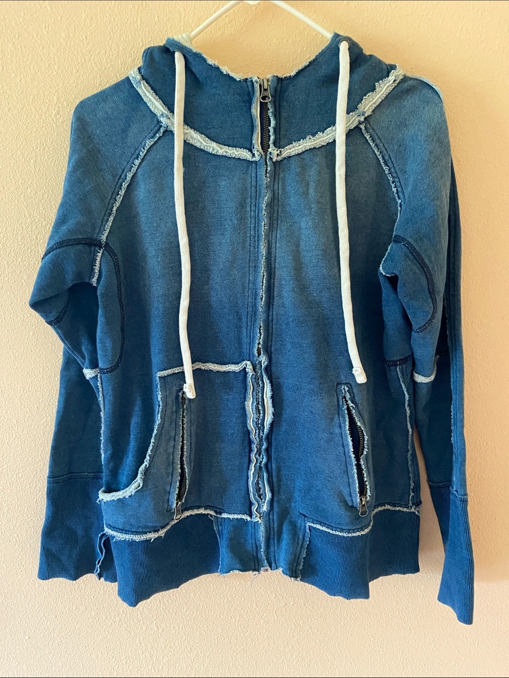 Women’s Dylan by True Grit Distressed Blue Denim Sweater Hoodie, Size Medium